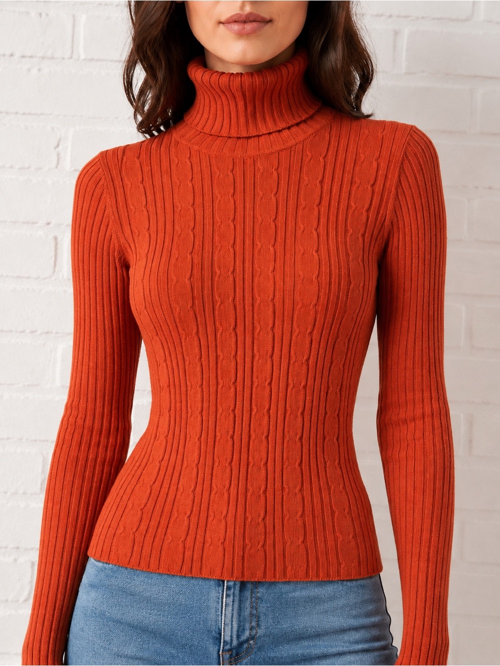 Belldini Orange Ribbed CableKnit Turtleneck Sweater Y2K Fitted Long Sleeve SM